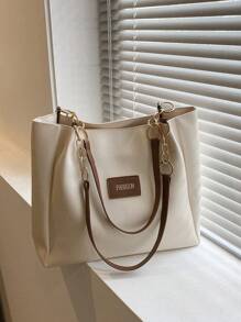 Small Shoulder Tote Bag Letter Patch Decor Colourblock - Beige - View 2