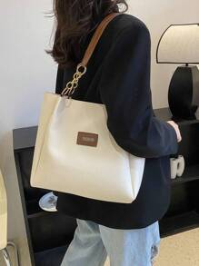 Small Shoulder Tote Bag Letter Patch Decor Colourblock - Beige - View 3