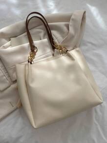 Small Shoulder Tote Bag Letter Patch Decor Colourblock - Beige - View 5