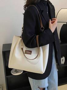 Small Shoulder Tote Bag Letter Patch Decor Colourblock - Beige - View 6