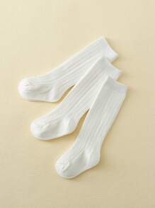 3pairs Baby Solid Casual Over The Calf Socks For Daily Life