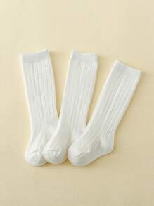 3pairs Baby Solid Casual Over The Calf Socks For Daily Life