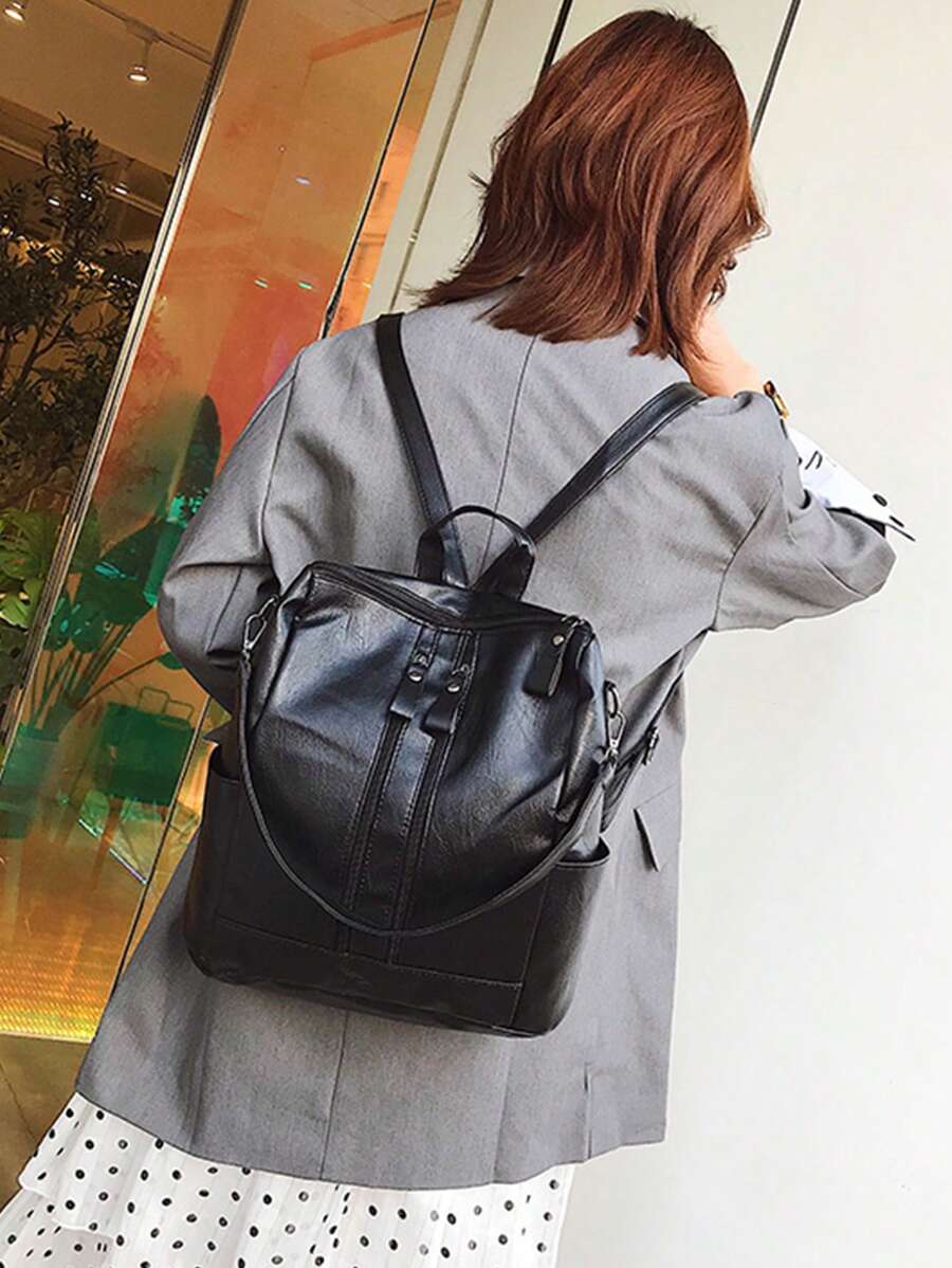 中等經典背包前拉鏈極簡黑色 - 黑色 - 查看 1