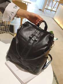 中等經典背包前拉鏈極簡黑色 - 黑色 - 查看 2