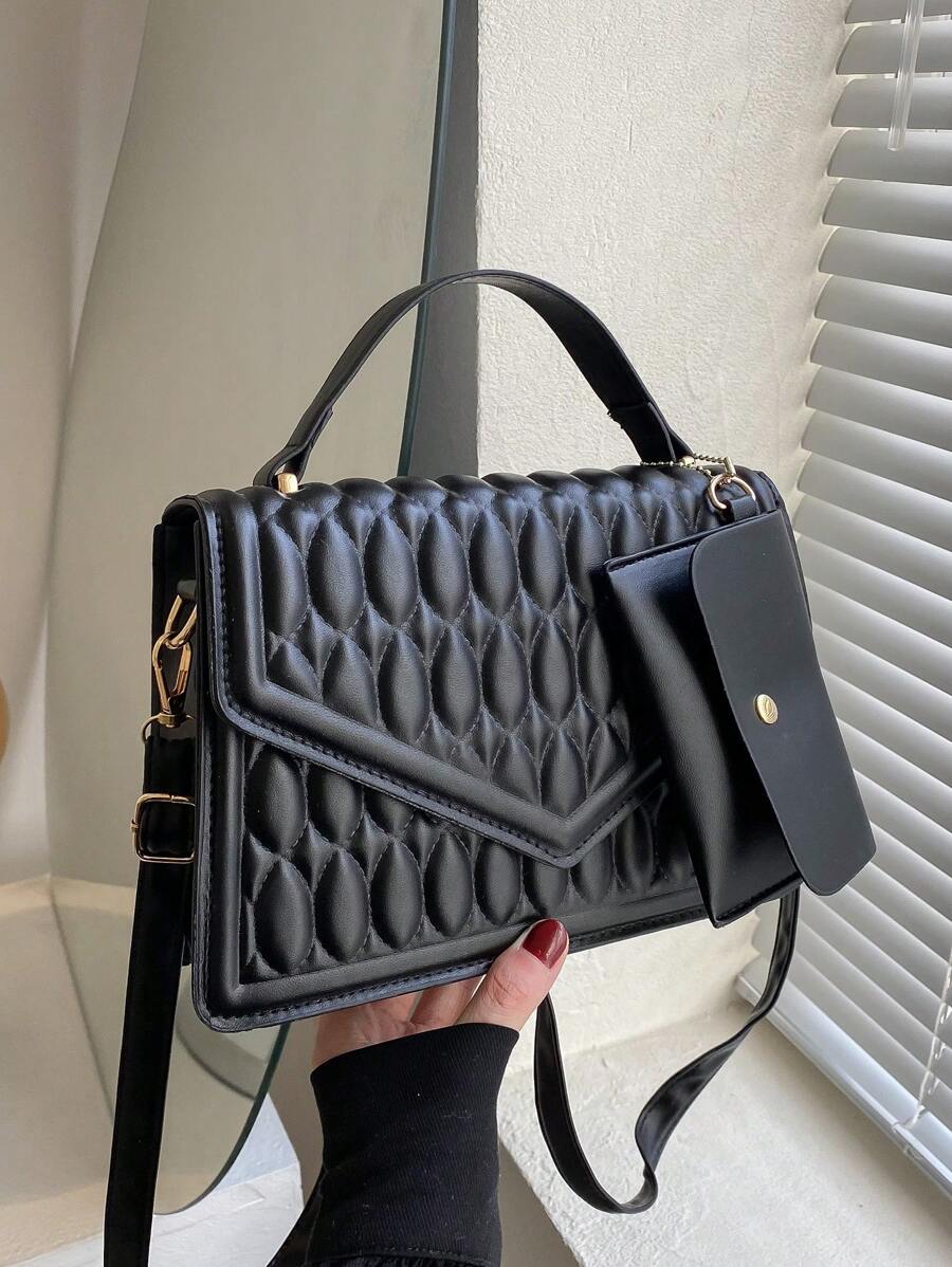 Túi vuông nắp nhỏ họa tiết chần bông có ví đựng tiền màu đen - màu đen - Xem 1