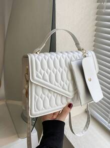 Túi vuông nắp nhỏ có hoa văn chần bông với ví đựng tiền xu - trắng - Xem 1