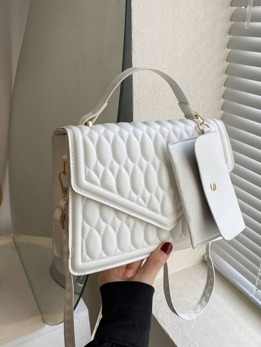 Túi vuông nắp nhỏ có hoa văn chần bông với ví đựng tiền xu - trắng - Xem 1