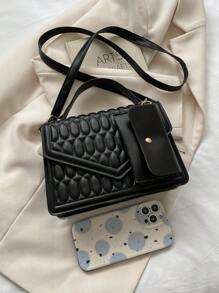 Túi vuông nắp nhỏ họa tiết chần bông có ví đựng tiền màu đen - màu đen - Xem 4