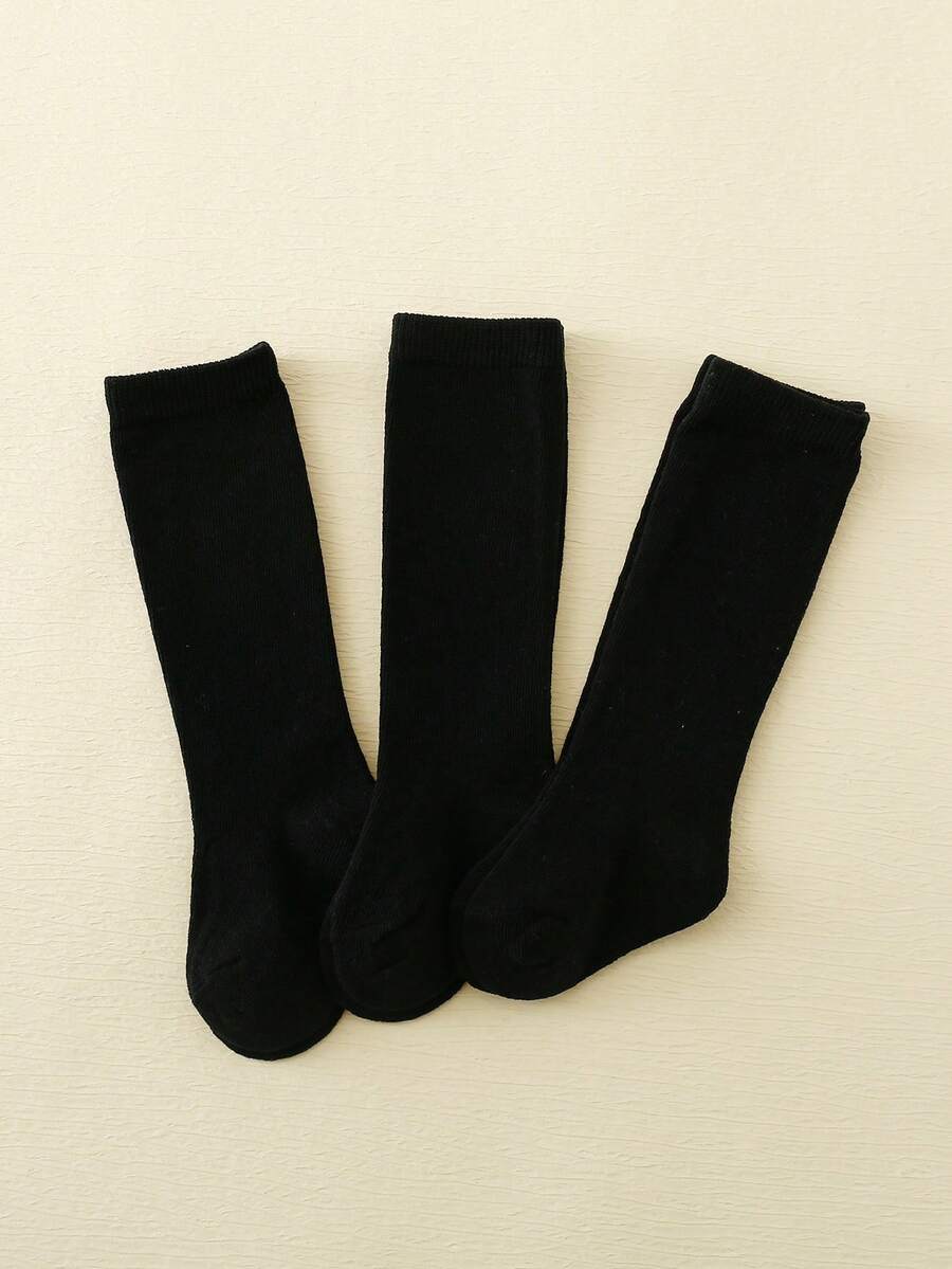 3對嬰兒素色休閒高筒襪適用於日常 - 黑色 - 查看 1