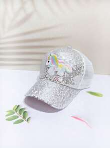 1 Cô Gái Sequin & Unicorn Patch Trang Trí Mũ Trucker Thời Trang Cho Cuộc Sống Hàng Ngày - Bạc - Xem 1