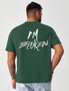 Manfinity EMRG Hombres Camiseta de hombros caídos con estampado de slogan - Verde Oscuro - Ver 3