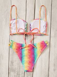 SHEIN Swim 渐变色褶饰镂空比基尼套装，适合夏季海滩度假 - 彩色 - 查看 2