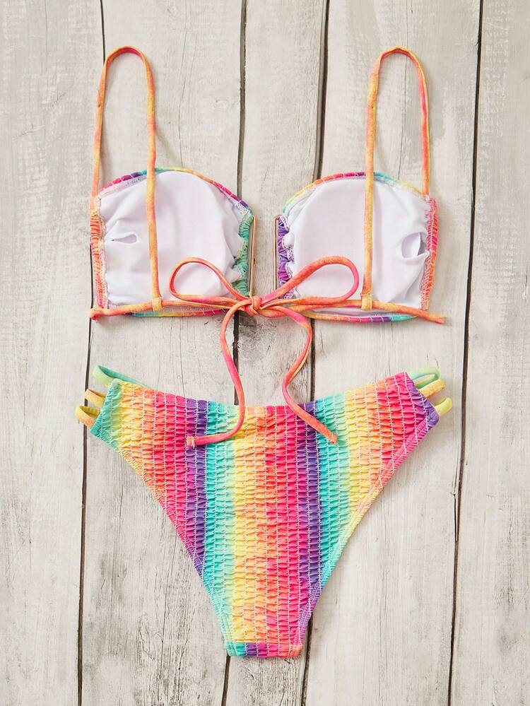 SHEIN Swim 渐变色褶饰镂空比基尼套装，适合夏季海滩度假 - 彩色 - 查看 2