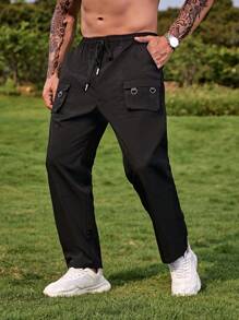 Manfinity Homme Hombres Pantalones cargo con bolsillo con solapa de cintura con cordón - Negro - Ver 1