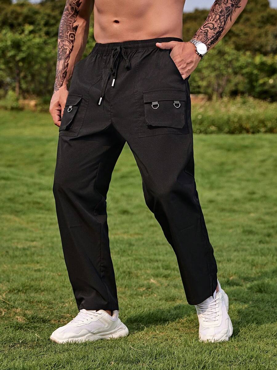 Manfinity Homme Hombres Pantalones cargo con bolsillo con solapa de cintura con cordón - Negro - Ver 1
