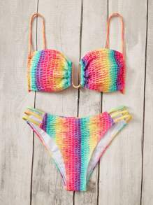 SHEIN Swim 渐变色褶饰镂空比基尼套装，适合夏季海滩度假 - 彩色 - 查看 6