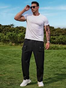 Manfinity Homme Hombres Pantalones cargo con bolsillo con solapa de cintura con cordón - Negro - Ver 3