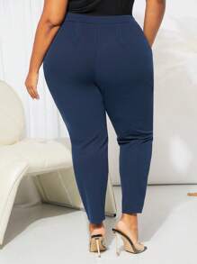 SHEIN CURVE+ Celana Ukuran Plus Plain Casual - Navy Blue - View 2