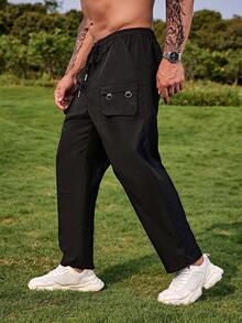 Manfinity Homme Hombres Pantalones cargo con bolsillo con solapa de cintura con cordón - Negro - Ver 5