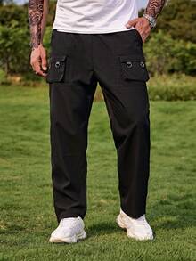 Manfinity Homme Hombres Pantalones cargo con bolsillo con solapa de cintura con cordón - Negro - Ver 6