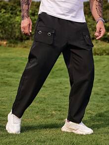 Manfinity Homme Hombres Pantalones cargo con bolsillo con solapa de cintura con cordón - Negro - Ver 7