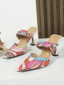 Fashion Pumps For Women, Graphic Pattern Point Toe Pyramid Heeled Ankle Strap Pumps - Multicolor - View 4