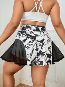 Tennis Casual Plus Graphic Print Contrast Mesh Sports Skort With Phone Pocket - Black and White - View 2