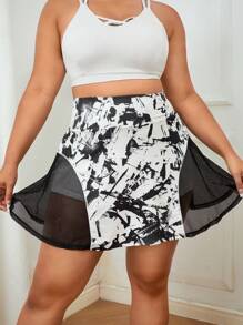 Tennis Casual Plus Graphic Print Contrast Mesh Sports Skort With Phone Pocket - Black and White - View 5