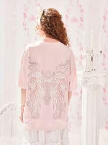 ROMWE Kawaii Áo thun trễ vai in hình đôi cánh, trường học - Màu Hồng baby - Xem 1