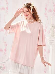 ROMWE Kawaii Áo thun trễ vai in hình đôi cánh, trường học - Màu Hồng baby - Xem 4