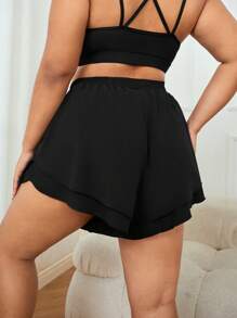 Yoga Basic Plus Solid Elastic Waist 2 In 1 Sports Shorts - Black - View 2