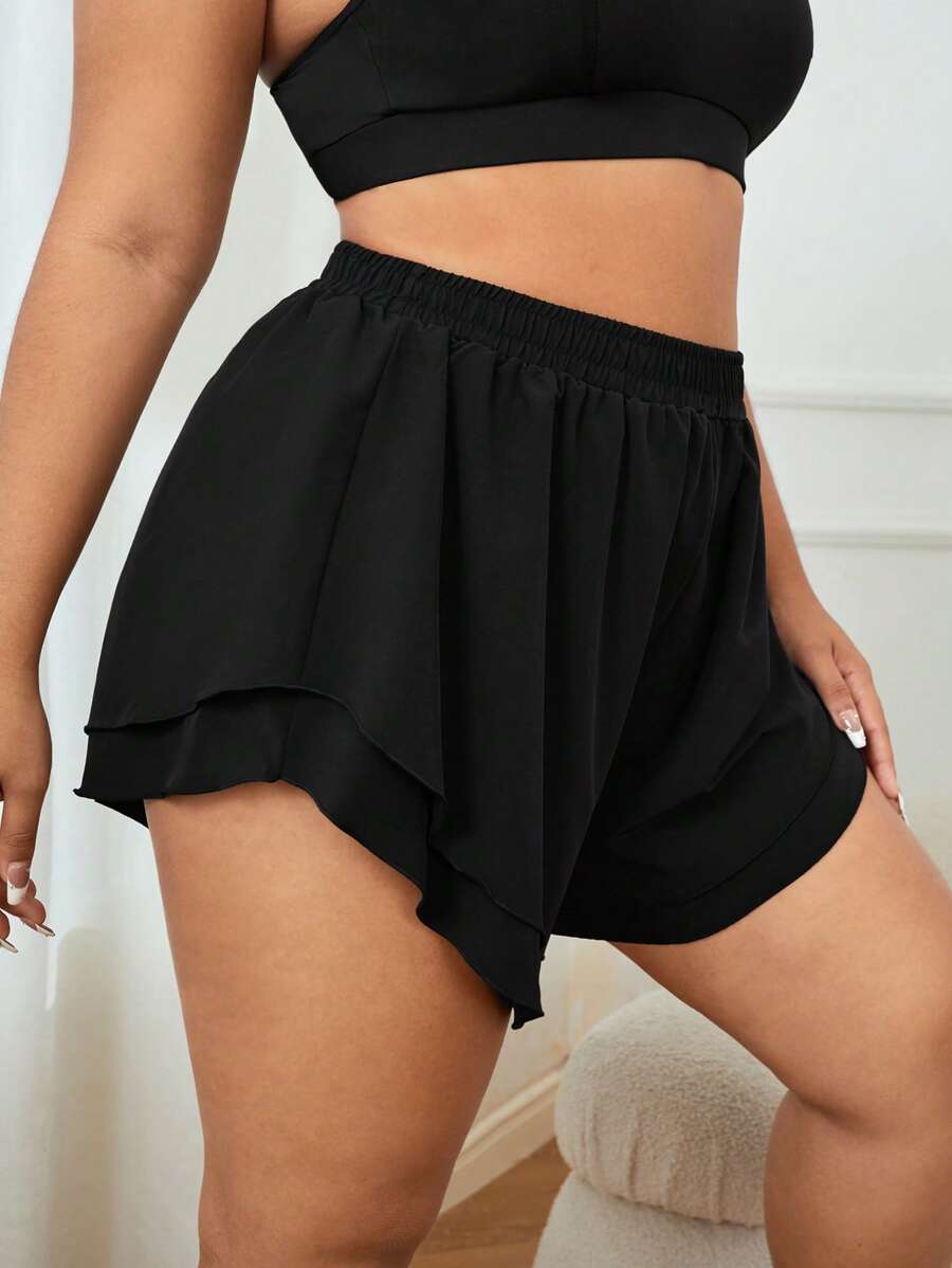 Yoga Basic Plus Solid Elastic Waist 2 In 1 Sports Shorts - Black - View 1