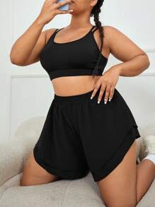 Yoga Basic Plus Solid Elastic Waist 2 In 1 Sports Shorts - Black - View 4