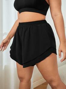 Yoga Basic Plus Solid Elastic Waist 2 In 1 Sports Shorts - Black - View 5