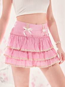 ROMWE Bow Decor Contrast Lace Layered Hem Skirt - Pink - View 1