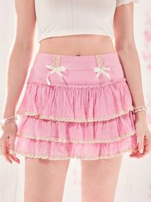 ROMWE Bow Decor Contrast Lace Layered Hem Skirt - Pink - View 3