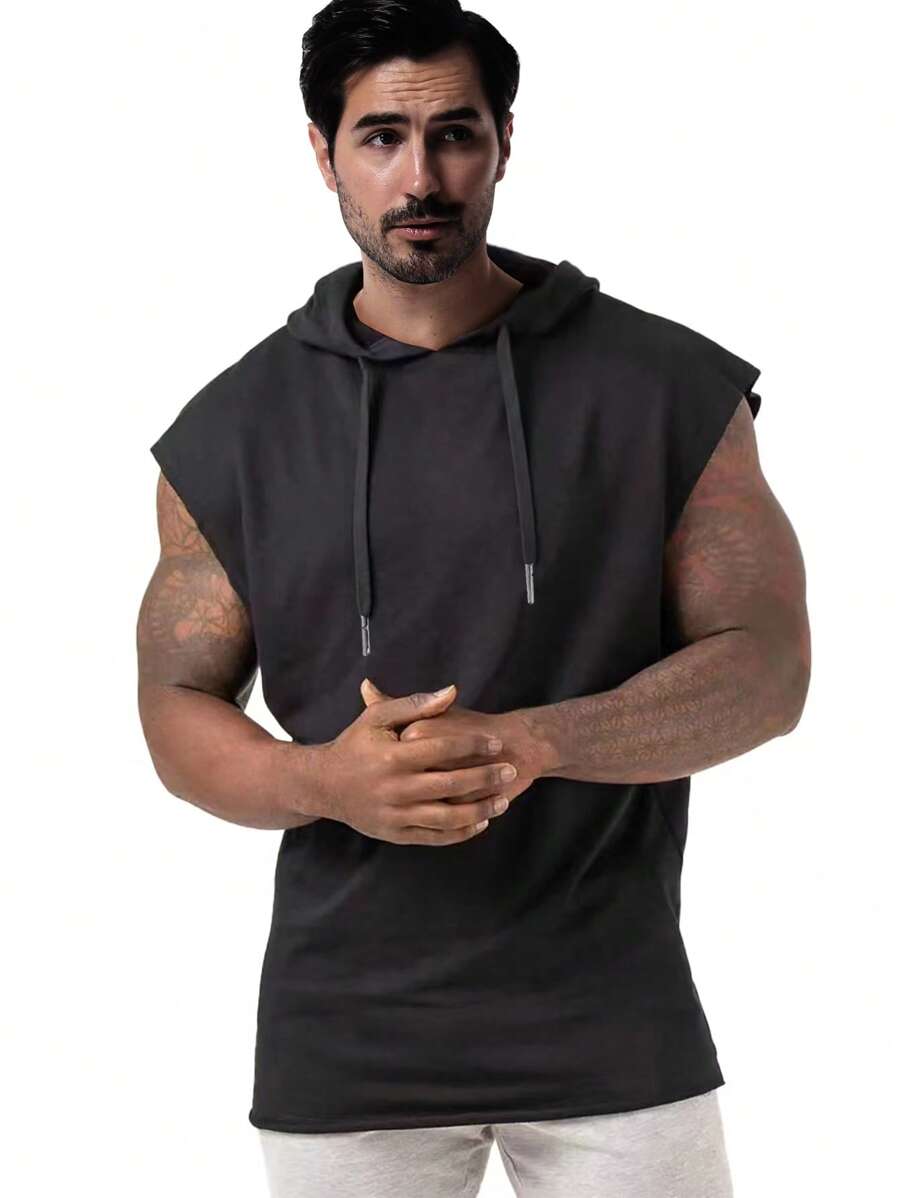 Manfinity Sport Corelite Men Solid Drawstring Hooded Tank Top Workout Tops - Black - View 1