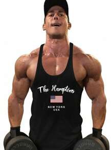 Men Flag & Letter Graphic Racerback Sports Tank Top - Black - View 1