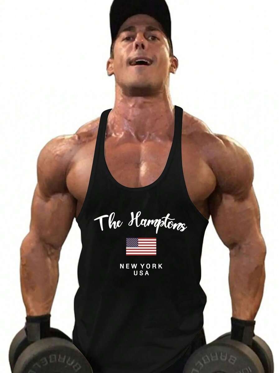 Men Flag & Letter Graphic Racerback Sports Tank Top - Black - View 1