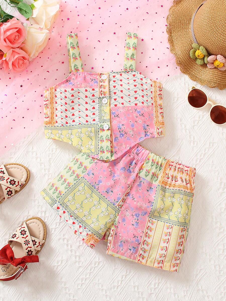 Toddler Girls Ditsy Floral Print Bandana Hem Cami Top & Shorts