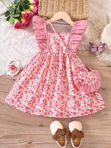 SHEIN 花卉荷叶边休闲女童连衣裙+包包套装