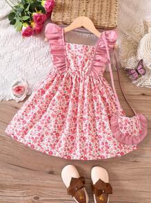 SHEIN 花卉荷叶边休闲女童连衣裙+包包套装