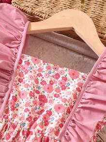 SHEIN 花卉荷叶边休闲女童连衣裙+包包套装