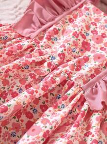 SHEIN 花卉荷叶边休闲女童连衣裙+包包套装