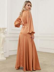 深V領燈籠袖高衩洋裝 - 棕色 - 查看 2