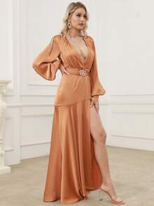 深V領燈籠袖高衩洋裝 - 棕色 - 查看 3