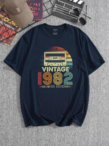 男士錄音帶和字母圖案T恤 - 藏蓝色 - 查看 1