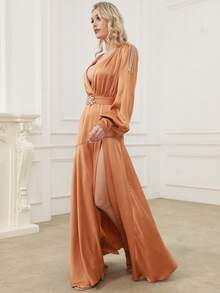 深V領燈籠袖高衩洋裝 - 棕色 - 查看 5