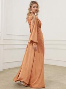 深V領燈籠袖高衩洋裝 - 棕色 - 查看 6