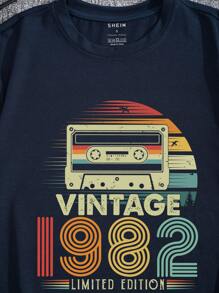 男士錄音帶和字母圖案T恤 - 藏蓝色 - 查看 4